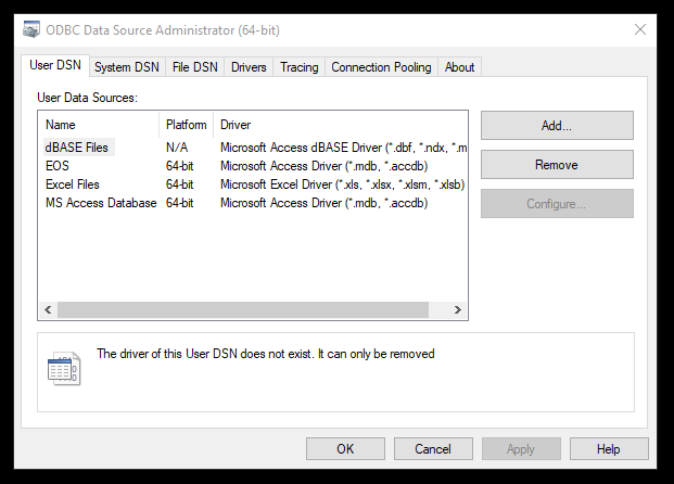 ODBC Data Sources Windoze 10, screenshot 1