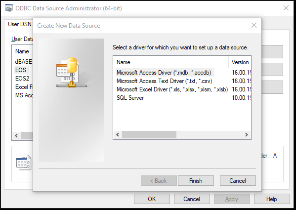 ODBC Data Sources Windoze 10, screenshot