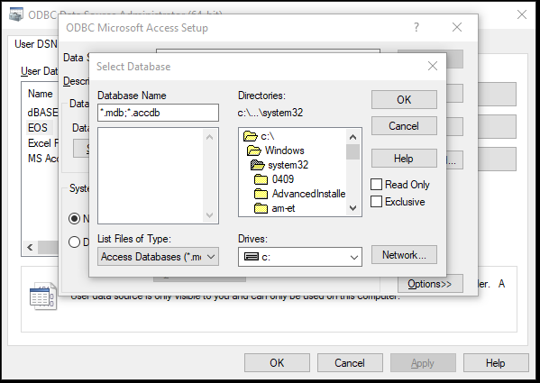 ODBC Data Sources Windoze 10, screenshot 3
