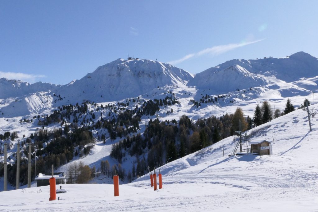 At the bottom of the nursery run behind Aime2000 looking toward Grande Rochette in the centre and les Verdons to the right